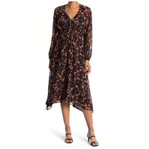 ASTR The Label Floral Smocked V-Neck Long Sleeve Dress Black/Coral Women Sz L